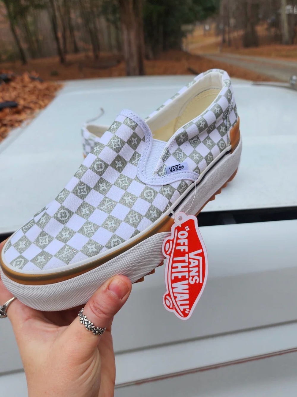 Custom Vans Slip-On Platform Sneakers - White & Olive Green Checkerboard - Picture 2 of 8